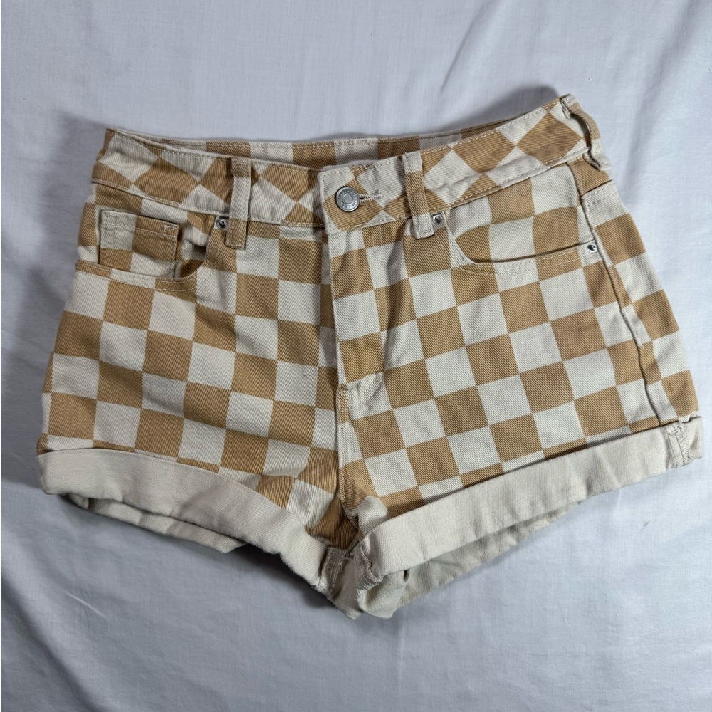 PacSun Checkered Brown and White Jean Shorts